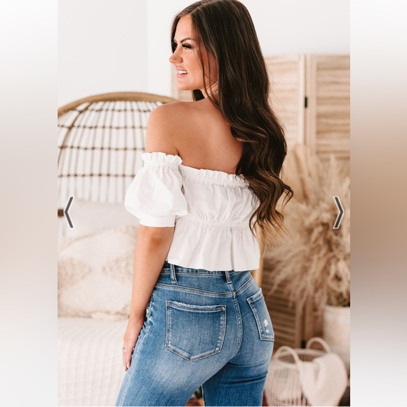 NanaMacs ruffled off the shoulder crop top, white, size large - Picture 3 of 10